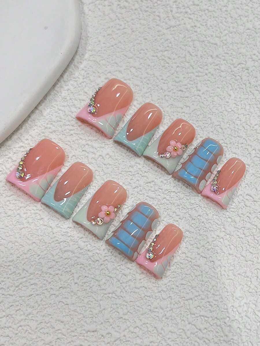 10 Móng Giả Mỏ Vịt Dài Trung Bình Với Thiết Kế Hoa 3D, Móng Dán Mùa Xuân Hè, Họa Tiết Cá Sấu Đính Đá & Đá Quý, Móng Nghệ Thuật Dopamine Phủ Toàn Bộ, Bao Gồm Keo Dán & Dũa Móng, Móng Dán Tái Sử Dụng, Móng Dán Thủ Công. - Nhiều màu - Xem 1