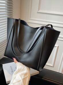 Large Capacity Fashionable Tote Bag, Solid Color Simple And Stylish - Black - View 3