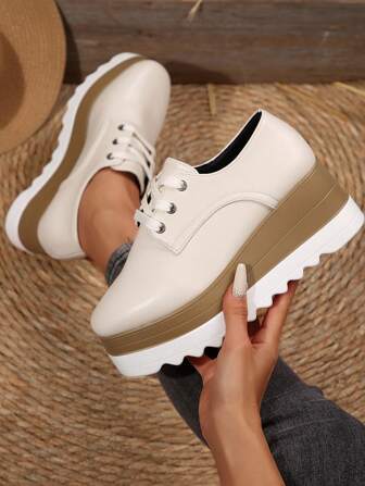 Women's Platform Square Toe Lace-Up Solid Color Wedge Heel & Thick-Bottom Casual Shoes