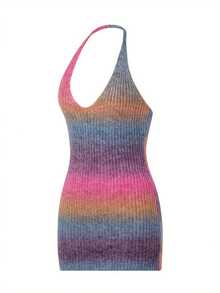 Womens Sexy Halter Knitted Skinny Dress Fashion Gradient Color Backless Short Dress - Morado - Ver 2