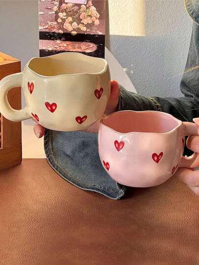 1pc Creative Heart Shaped Ceramic Cup, High Quality Home Water Glass, Couple Cup, Cute Office Coffee Mug Back To School
