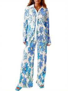 Women Casual 2 Pcs Clothes Set, Flower/Abstract Pattern Print Lapel Buttons Long Sleeve Shirts Tops With Loose Long Pants - Royal Blue - View 2