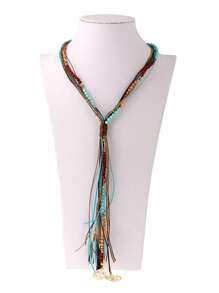 1 pieza Collar largo con borlas estilo bohemio, collar de país estilo boho multicolor de turquesa azul y rosa, accesorio de joyería de moda para mujer para vacaciones, fiesta de baile, cadena de suéter