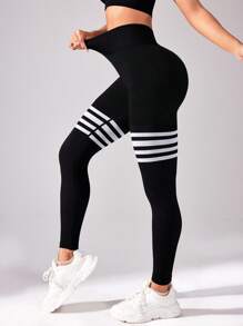 TCVC Leggings sportivi con vita a vita alta e arricciature, in colore lino rigato per donne, con alta elasticità e senza cuciture, ideali per yoga e attività indoor/all'aperto, con controllo della pancia e effetto push-up, casual e versatili