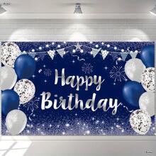 Sparkling Happy Birthday Banner -70.9 Inches X 43.3 Inches Silver And Navy Blue Party Background, Suitable For Male And Female Celebration Events