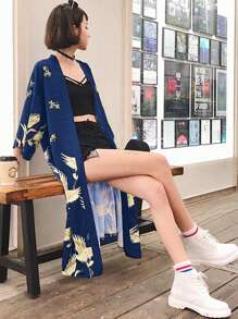 时尚斗篷薄款日式风春夏鹤印花前开中长和服罩衫男女通用轻便外套复古风格连衣裙长袍沙滩罩衫防晒霜带 3/4 袖 - 藍色 - 查看 2