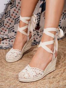 Sandalias con plataforma para mujer, color albaricoque, de malla transpirable con correas cruzadas y de tobillo, puntera redonda, tipo alpargatas para vacaciones - Albaricoque - Ver 5