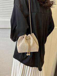 Personalized Casual Drawstring Shoulder Cross-Body Bucket Bag For Women, Retro Style - Beige - View 4