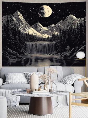 山月光瀑布挂毯宁静的夜空风景家居卧室客厅办公室宁静祥和的氛围单色优雅设计艺术