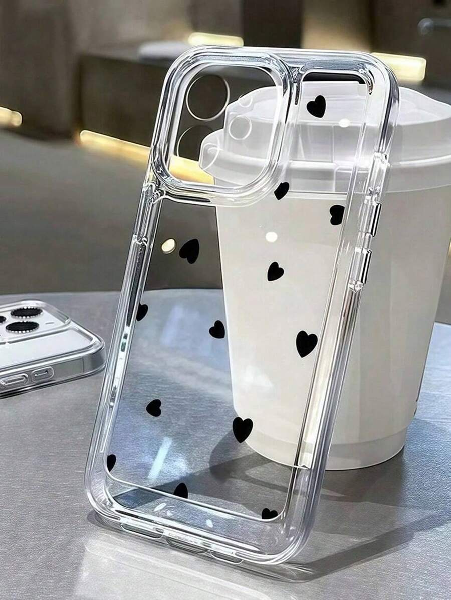 1个可爱黑色爱心图案透明全包防震手机壳，兼容 11/12/13/14/15/16/17 Pro Max - 彩色 - 查看 1