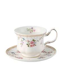 1pc French-Style Coffee Cup And Saucer Set, Ceramic Cup With Gold Trim, Vintage Ditsy Floral Pattern, Ideal For Afternoon Tea, Mug, Gift Back To School