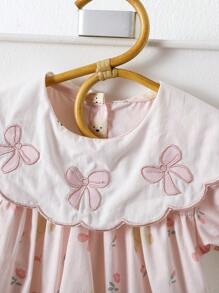 1pc Baby Girls' Bow Embroidered Collar Bodysuit With Floral Print, Loose Fit Luxury Short Sleeve Bodysuit For Summer Outings And Vacation - Pink - View 3