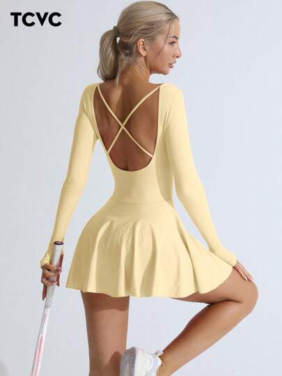 TCVC Vestido deportivo sin costuras de punto con bolsillo para mujer, espalda cruzada sólida, vestido de tenis de manga larga y cuello cuadrado, para deportes indoor y outdoor, yoga, de tela amigable con la piel, con ajuste ceñido que realza la figura