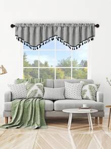 1pc V-Shaped Valance With Black Tassels, Japanese Minimalistic Style Faux Linen Voile Curtain Panel, Suitable For Living Room, Bedroom, Kitchen Windows And Doors, Room Divider