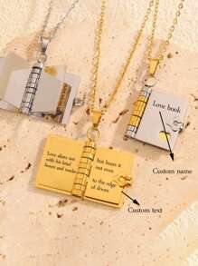 定制雕刻小书盒项链个性化信息字母句子诗歌数字可打开翻页书纪念吊坠不锈钢珠宝吊坠女士链生日礼物情人节礼物圣诞礼物 - Style - 查看 2