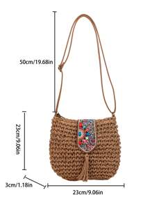 Solid-Color Minimalist Woven Sling Bag, Bohemian Style Braided Bag With Turquoise Beads, Tassels & Straps, Casual Beach Resort Style Ladies Crossbody Bag, Summer Straw Beach Bag For Women, Vacation Essentials, Perfectly Matching With Beach Accessories Women, Hottest Beach Bags For Women, Beach Necessities,Beach Essentials,Beach Stuff & Summer Essentials, Perfect For Summer, Vacation & Beach, Boho - Khaki - View 12
