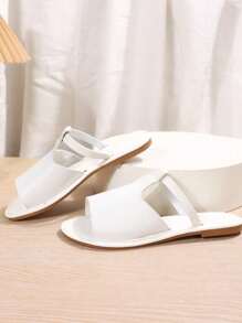 Women's Flat Open-Toe Strap Slide Sandals, New Summer Solid Color Peep-Toe Beach Slippers