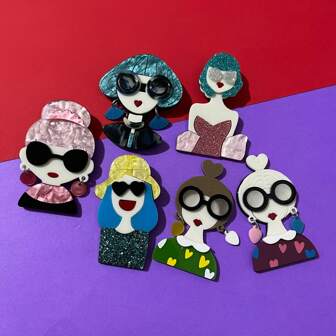 1 pieza Broche de niña lindo, broche de niña con gafas de acrílico hecho a mano, broche de estilo universitario de moda, accesorio para ropa y bolso, regalo creativo para cumpleaños/Día de San Valentín