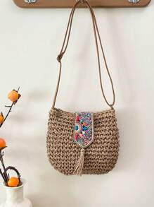 Solid-Color Minimalist Woven Sling Bag, Bohemian Style Braided Bag With Turquoise Beads, Tassels & Straps, Casual Beach Resort Style Ladies Crossbody Bag, Summer Straw Beach Bag For Women, Vacation Essentials, Perfectly Matching With Beach Accessories Women, Hottest Beach Bags For Women, Beach Necessities,Beach Essentials,Beach Stuff & Summer Essentials, Perfect For Summer, Vacation & Beach, Boho - Khaki - View 8