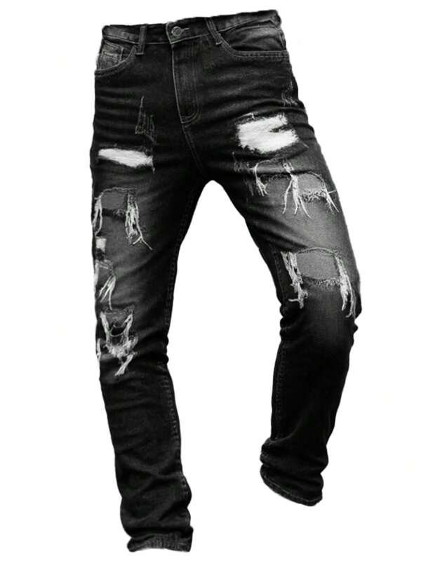 Herren Mode schwarze zerrissene, abgenutzte Jeans mit Quasten, Streetwear Stil Jeans, geeignet für alle Jahreszeiten