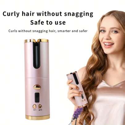 自动卷发棒，无线自动卷发器，陶瓷旋转卷发棒，6档温度设置带定时功能，便携式可充电卷发棒，自动断电，快速加热造型