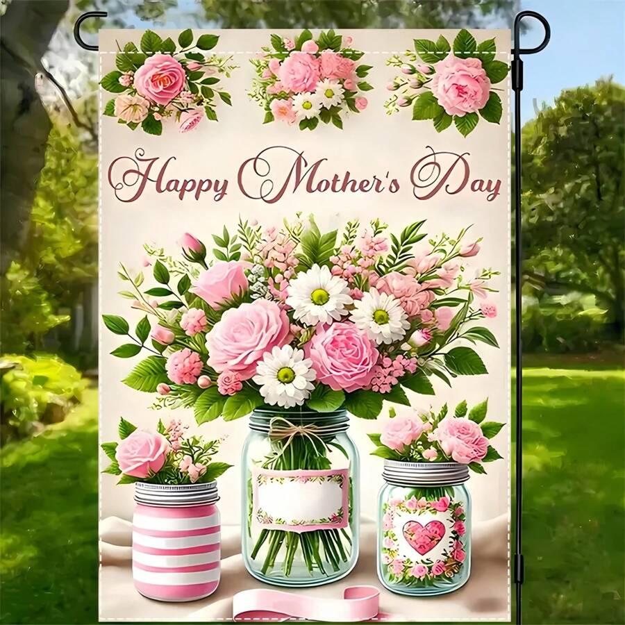 1pc Happy Mother's Day Garden Flag, Size 12x18 Inches, Floral Design, Multipurpose Home & Outdoor Decor, Fits Standard Flagpole Double Sided Waterproof Flag, No Flagpole Included