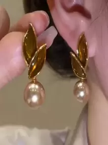 1 Cặp Hoa tai ngọc trai giả hình lá cây cà phê cổ điển sang trọng dành cho nữ, thích hợp cho tiệc tùng, đeo hàng ngày - màu nâu - Xem 1