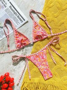 女式碎花条纹比基尼泳装，波西米亚风格，适合海滩度假，春夏季 - 彩色 - 查看 1