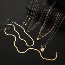 10pcs Boho Style Multi-Layer Flat Snake Chain Necklace Set, Fashionable Heart Pendant Necklaces, Women's Multi-Layer Stackable Necklaces, Charming Daily Wear & Party Accessories, Hip Hop Street Fashion (No Box) - Gold - View 4