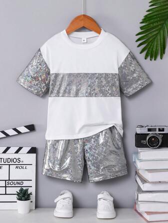 2pcs Boys' Summer Outfit Set, Contrast Color Shiny Print Round Neck T-Shirt & Shiny Shorts, Casual Knitted Fabric, Loose Fit, Short Sleeve, Suitable For Daily, Outdoor Wear, Party & Performance