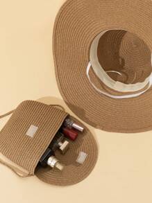 Set de 2 piezas - Sombrero de sol con lazo de cinta y estampado floral y bolso de hombro de paja, adecuado para vacaciones, color caqui