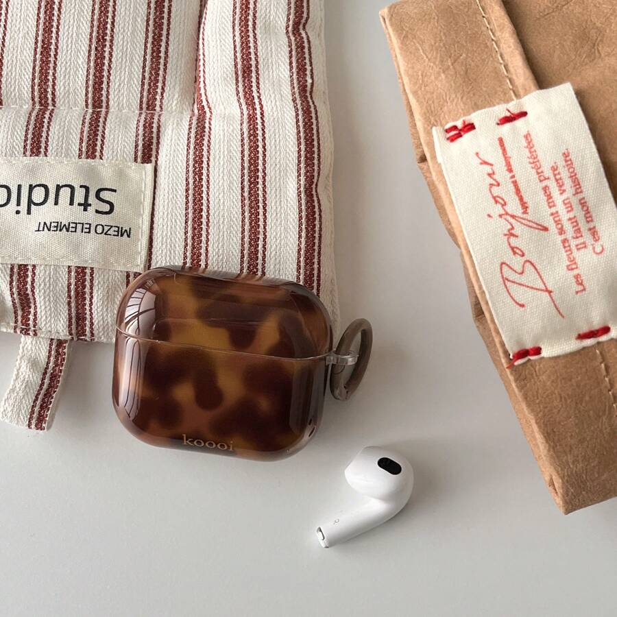 Vintage Light-Colored Amber Leopard Print Earphone Case Compatible With Apple Earphones - Rust Brown - View 1