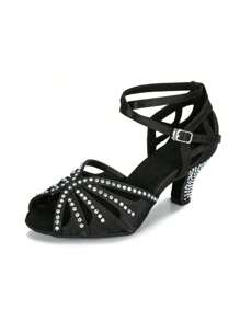 1 双杏色缎面水钻装饰中跟拉丁/恰恰/交谊舞舞鞋，时尚舒适 - 黑色 - 查看 2