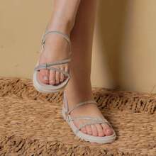 Women's Flat Sandal Papete With Shiny Rhinestones Comfortable - White - View 2