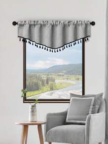1pc V-Shaped Valance With Black Tassels, Japanese Minimalistic Style Faux Linen Voile Curtain Panel, Suitable For Living Room, Bedroom, Kitchen Windows And Doors, Room Divider