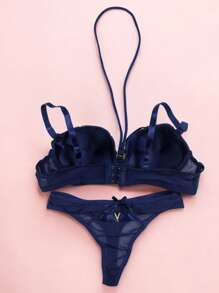 Beautiful Bra And Thong Set With Details In Mesh Fabric With Metal Appliqués, Sexy Lingerie, Various Colors, Comfortable And Of The Best Quality, Soft And Comfortable, To Show Off That Incredible Body. - 藍色 - 查看 4
