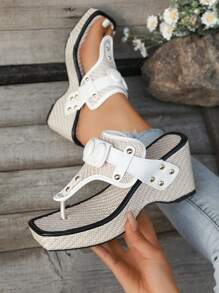 Women's Summer Square Toe Strap Buckle Outdoor Wear-Resistant Anti-Slip Rivet Roman Style Fashion Casual Wedge Platform Sandals