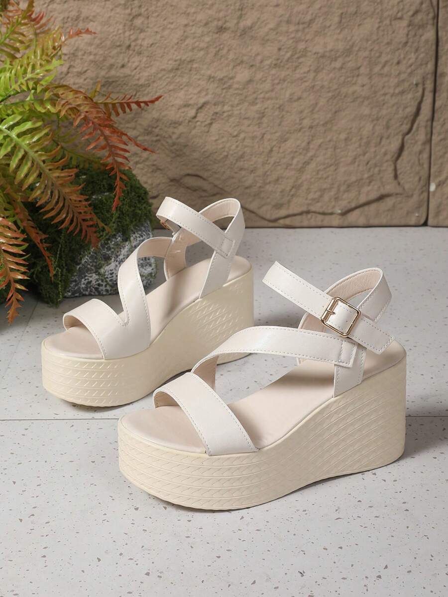 女士纯色厚底系带舒适露趾坡跟凉鞋，适合休闲装或派对装