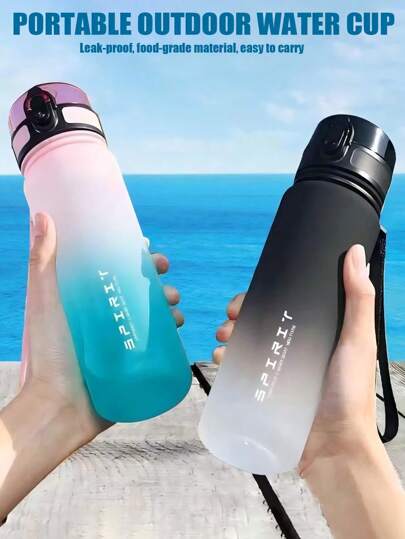 1pc/650ml-渐变时间标记，便携式塑料防漏激励运动水杯，男女户外学校办公室健身房健身徒步露营旅行-渐变色塑料水杯-便携式大容量水瓶-运动健身塑料杯-弹跳盖太空杯-大容量磨砂喷雾水瓶