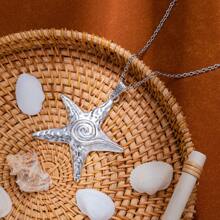 1pc Vintage Pentagram Necklace Pendant, Textured Sea Star Design Sweater Chain, Fashion