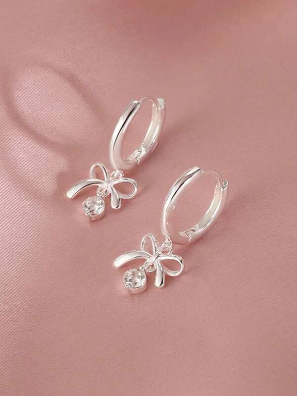 1pc Bowknot Earring Hoop, Unique Design Zirconia Pendant Earrings For Women, Elegant Gift
