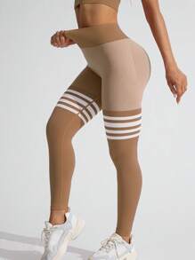 TCVC Leggings sportivi con vita a vita alta e arricciature, in colore lino rigato per donne, con alta elasticità e senza cuciture, ideali per yoga e attività indoor/all'aperto, con controllo della pancia e effetto push-up, casual e versatili