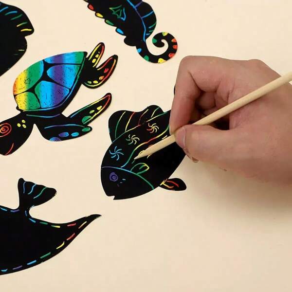 18 peças de blocos de desenho animado de criaturas do oceano com elásticos e cabides de madeira, pintura colorida de arranhões faça você mesmo, novo artesanato para crianças e pais