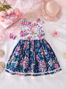 Vestido de flores con estampado floral lindo para niñas, vestido de princesa de flores de verano de moda clásica con parches de encaje