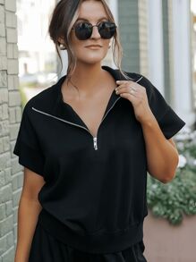 Spring/Summer Easter Concert Women Half Zip Short Sleeve T-Shirt, Fashionable Casual Outdoor Sports Sweatshirt - Black - View 4