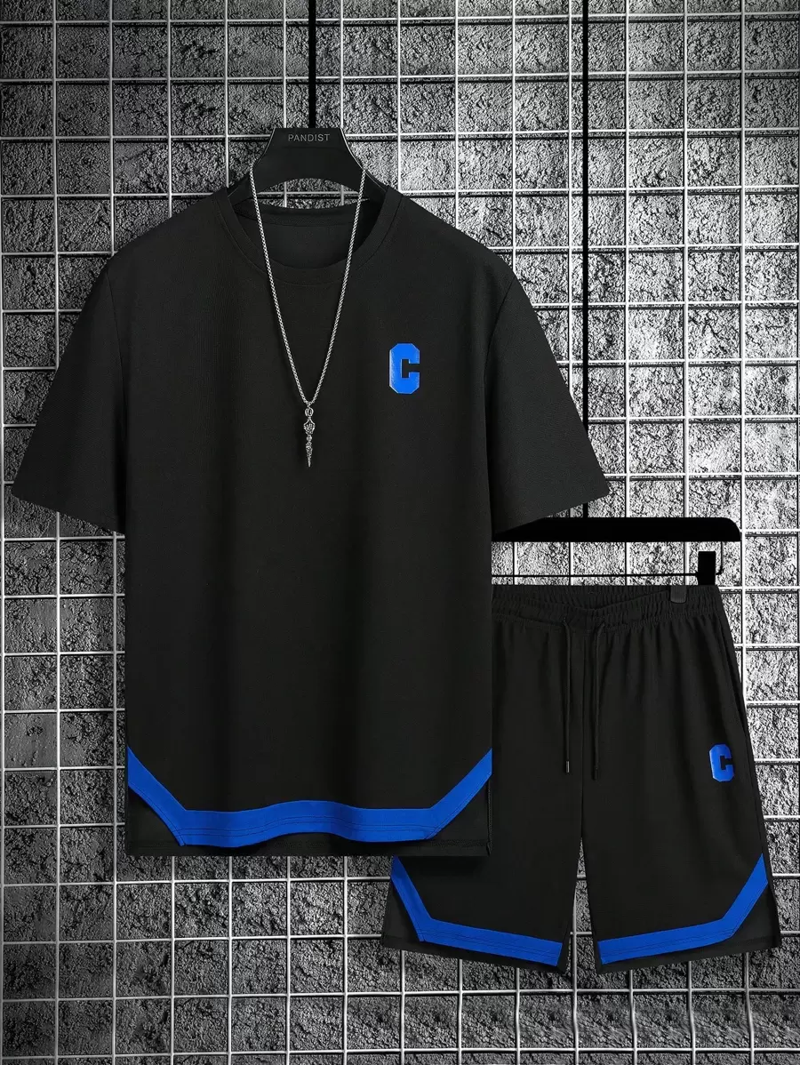 Boyfriend Style Men's Summer Sportswear Set, Short Sleeve Running Basketball Outdoor Fitness Two Pieces, Breathable And Lightweight, Athletic Suit, Tracksuit Boyfriend Style Men Shorts Set Boyfriend Style Men Two Pieces Outfits - Black - View 1