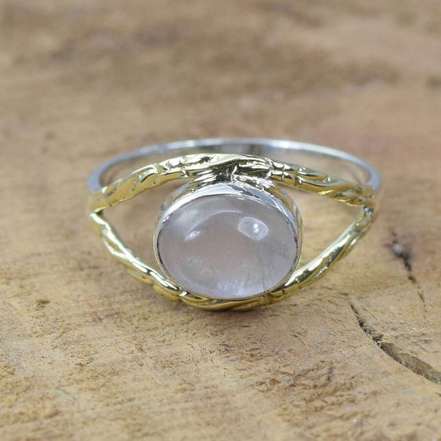 925 Sterling Silver And Brass Onyx Gemstone Jewelry Ring ~ December Month Birthstone ~ Natural Crystal Gemstone Ring ~ Gift For Valentine Day - 玫瑰石英 - 查看 1