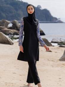 3 件套中东风格长袖和长裤女士简约连帽泳衣，夏季海滩