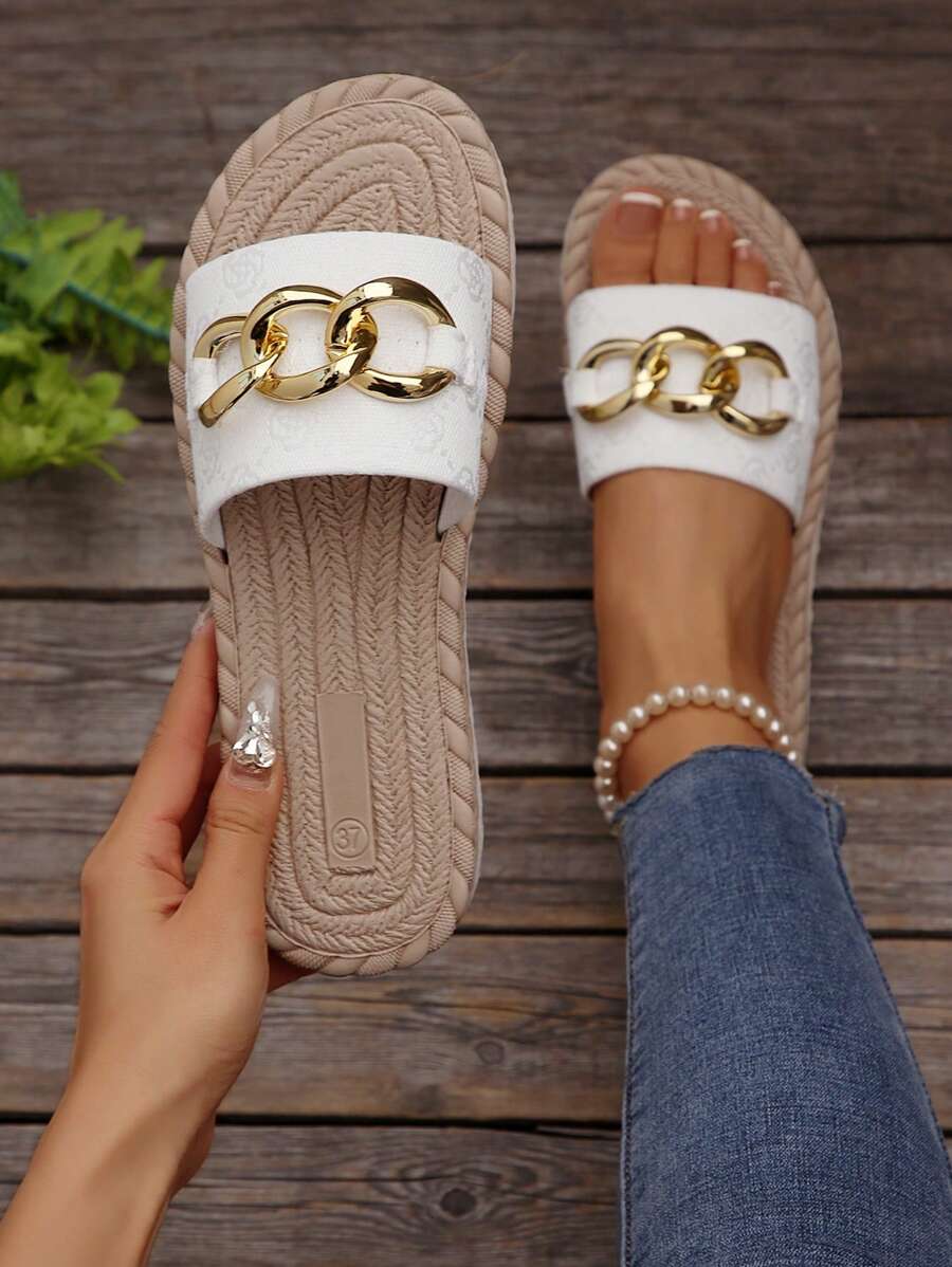 Sandalias de verano para mujer con suela de cuerda, cadena con hebilla de metal, estilo de vacaciones, cómodas con suela gruesa, estampado de playa, esencial para vacaciones - Blanco - Ver 1
