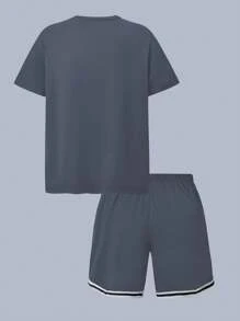 Set de 2 piezas de ropa deportiva para niños, camiseta informal con estampado de letras de baloncesto y conjunto de shorts, para niños mayores